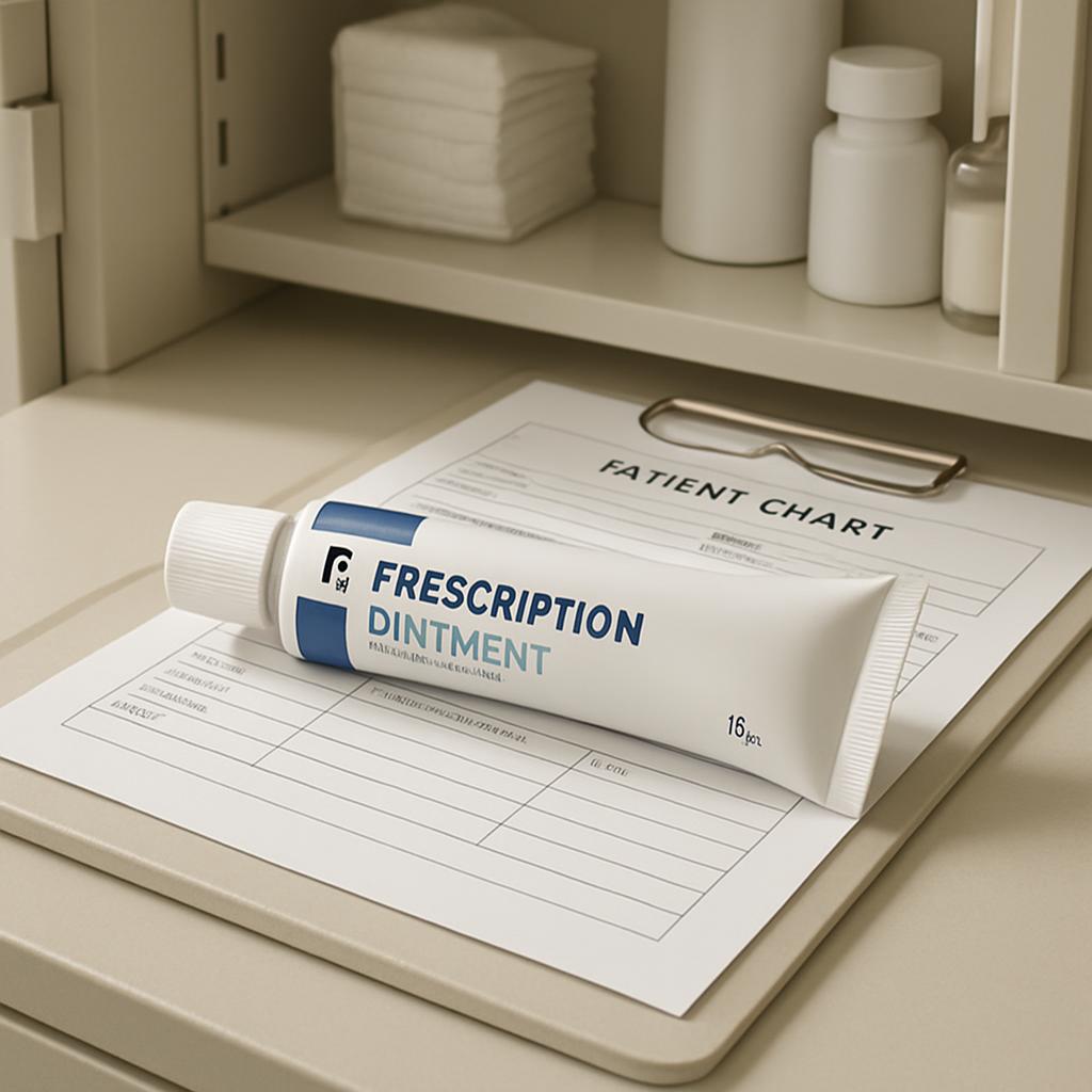 A tube of prescription medication sits atop a patient chart and clipboard. The tube is white with blue and light blue text...