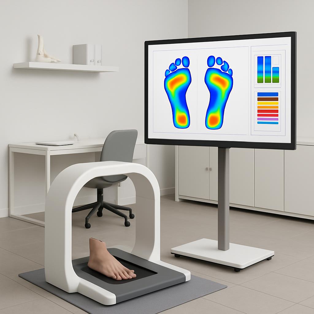 Screen displaying foot diagrams with a scanner for capturing images of feet.