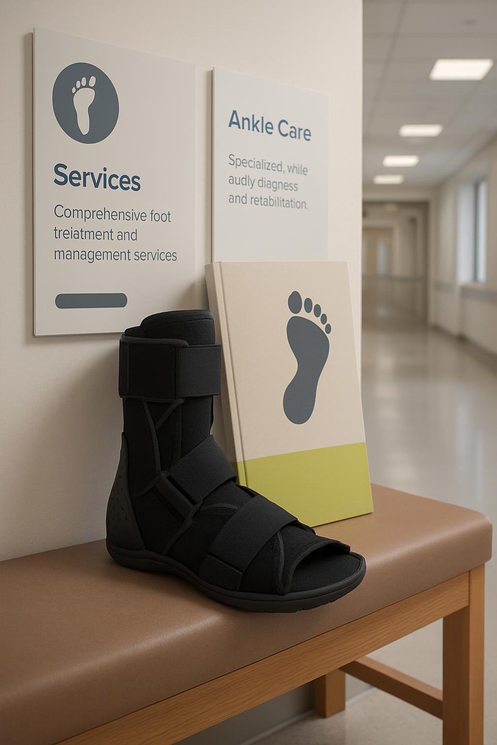 A white boot, commonly used to immobilize fractures to the foot and ankle, is placed in the foreground of the image; in th...